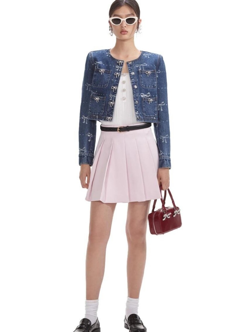 Self Portrait Bow Print Denim Jacket in Blue